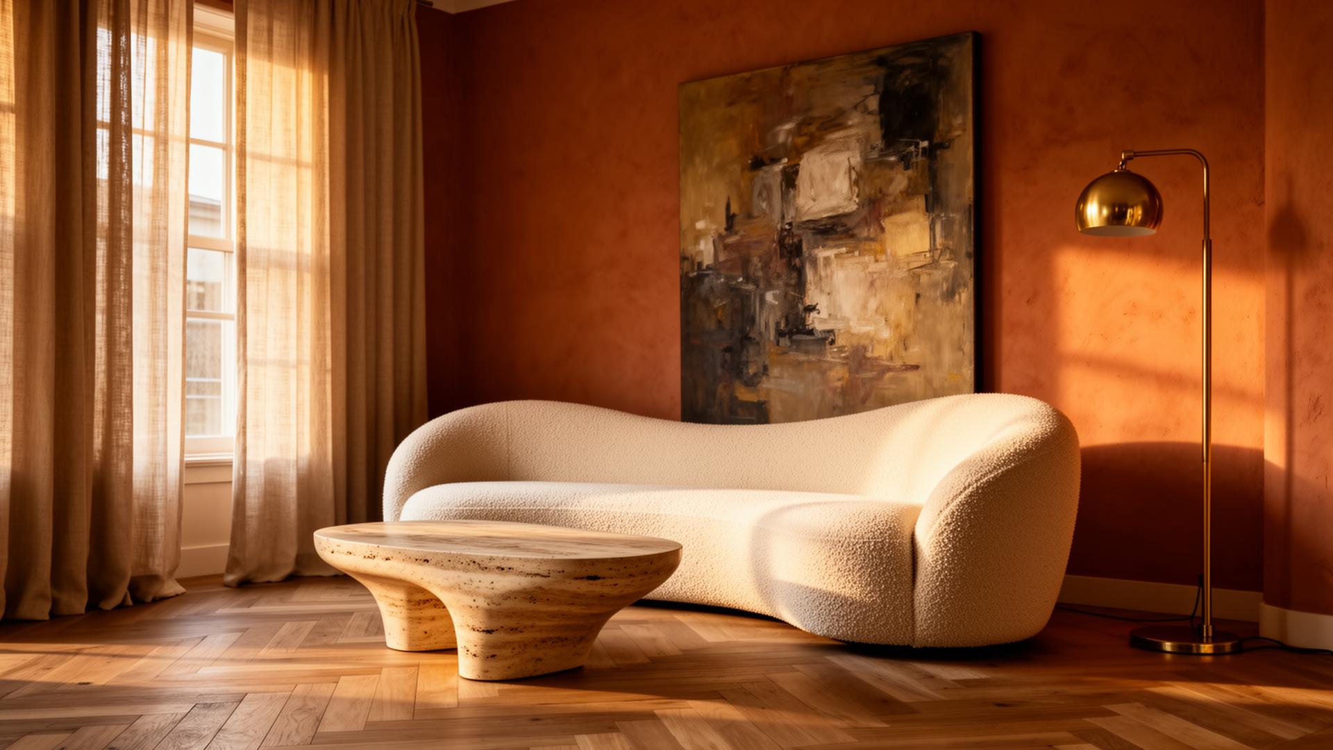 A warm clay-walled living room with a curved bouclé sofa and travertine table